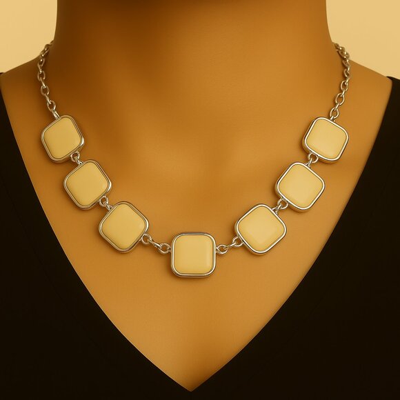 Silver-Tone & Beige Geometric Stone Statement Necklace – Women's Fashion Jewelry - Picture 1 of 8